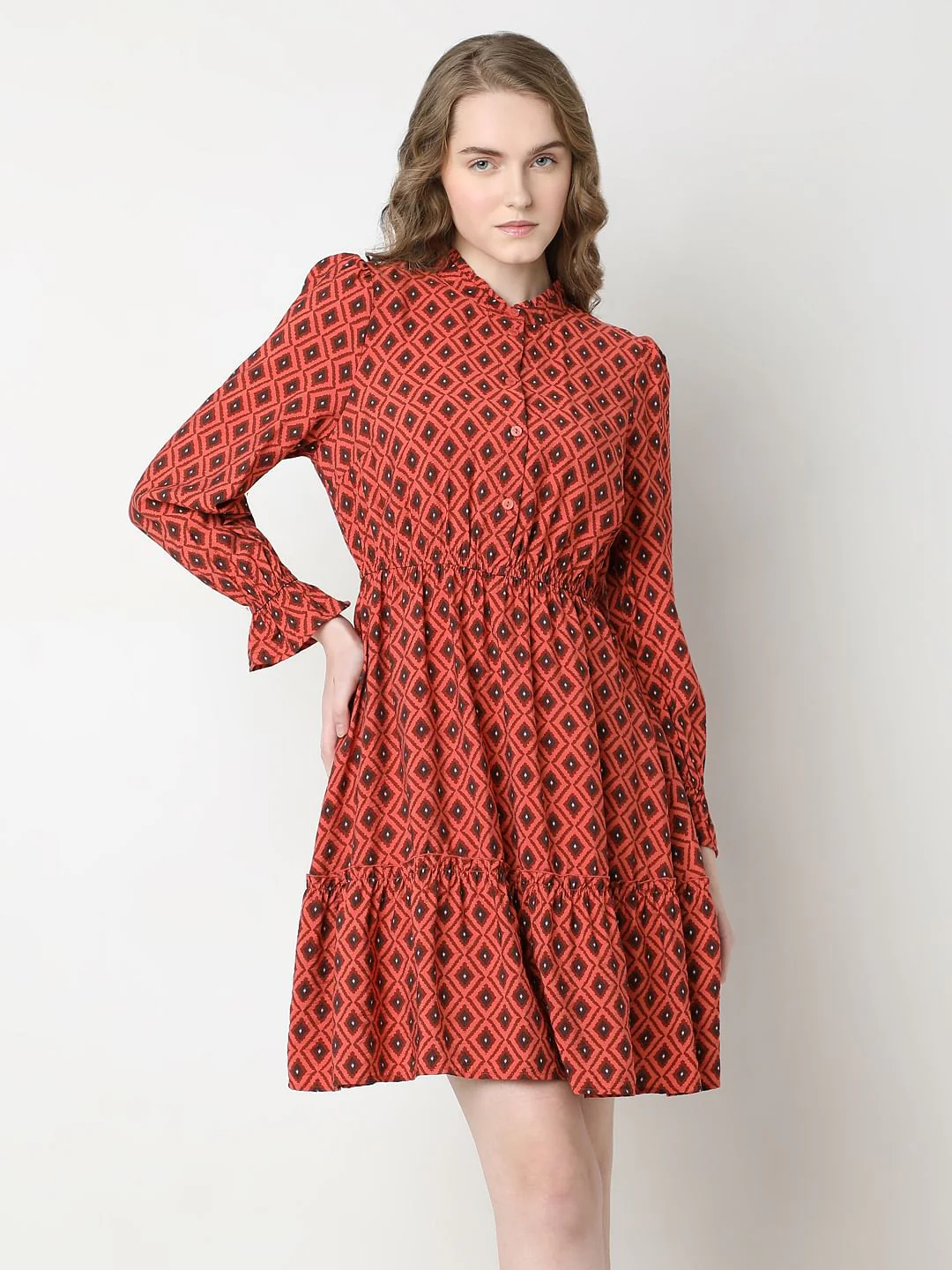 Rust Printed Fit & Flare Dress - Image 2