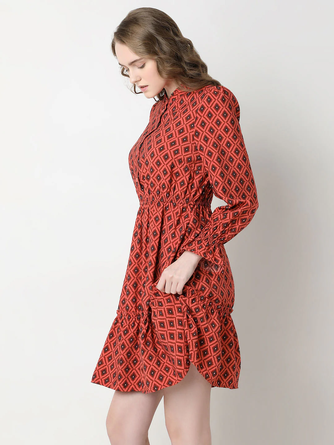 Rust Printed Fit & Flare Dress - Image 3