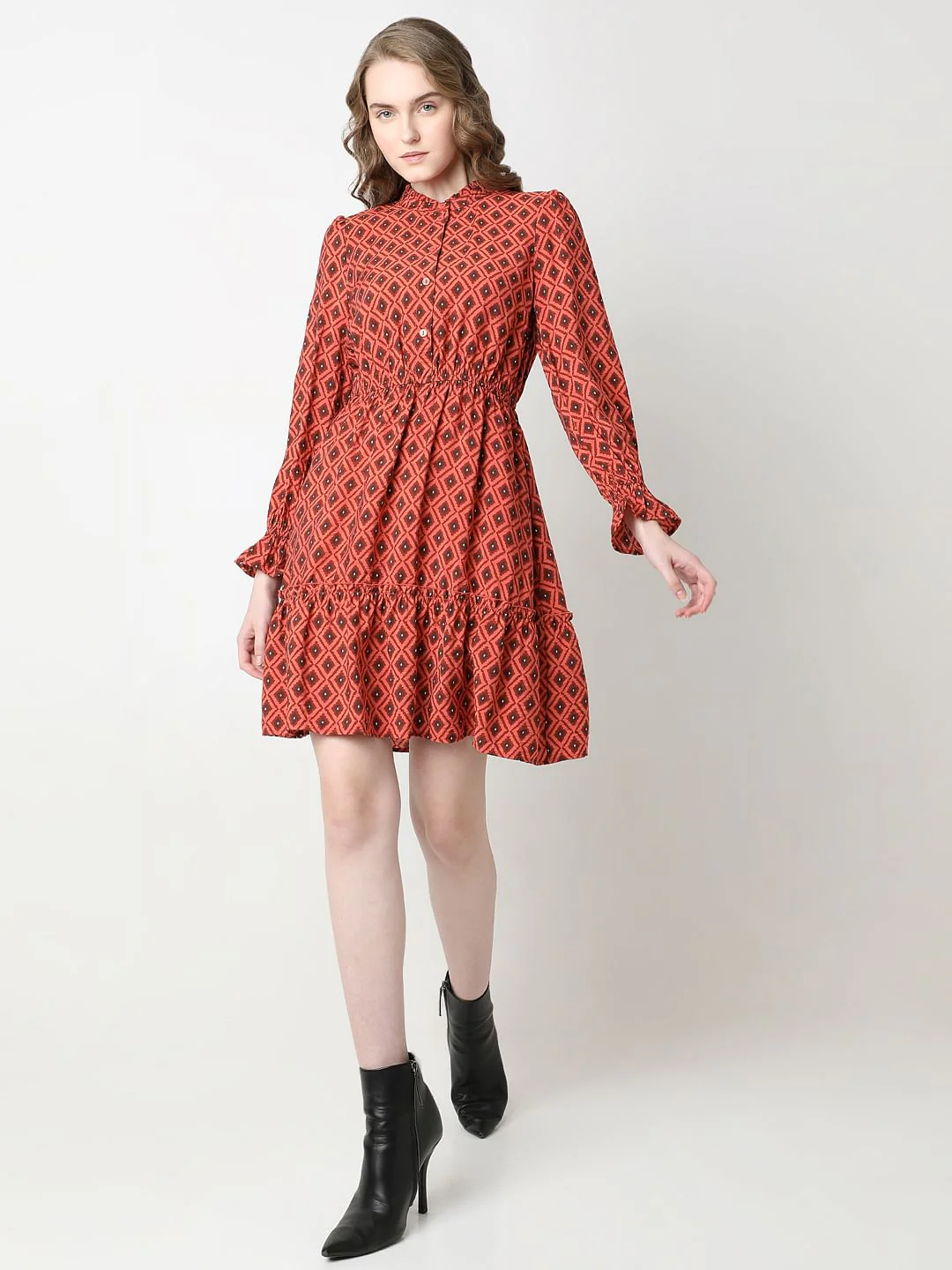 Rust Printed Fit & Flare Dress - Image 5