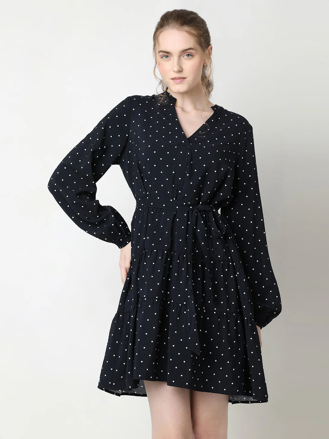 Navy Blue Polka Dot Tiered Dress - Image 2