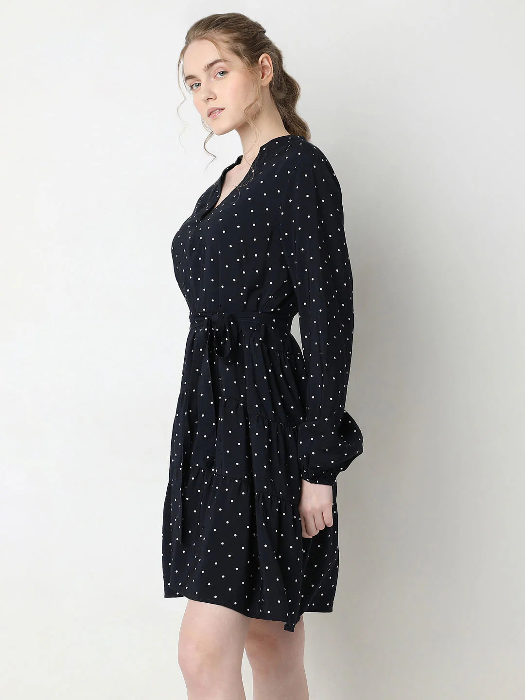 Navy Blue Polka Dot Tiered Dress - Image 3