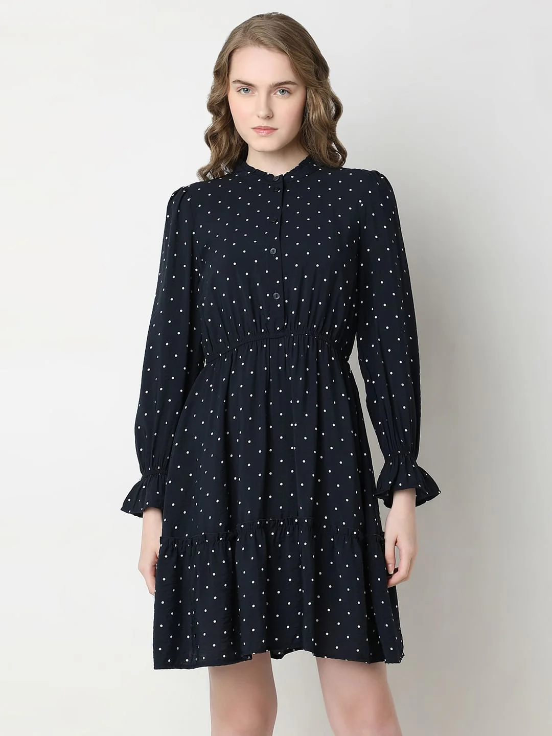 Navy Blue Polka Dot Fit & Flare Dress - Image 2