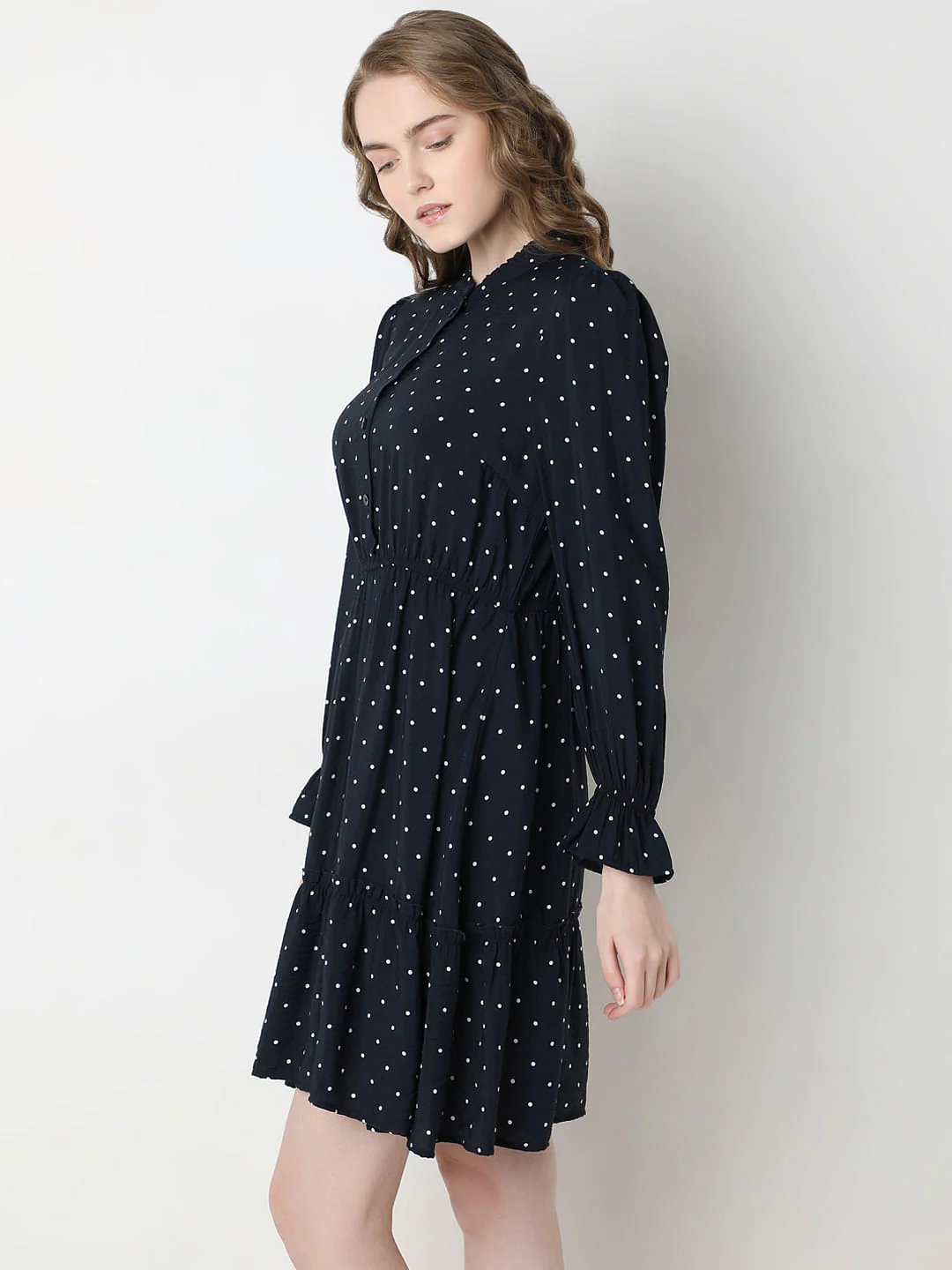 Navy Blue Polka Dot Fit & Flare Dress - Image 3