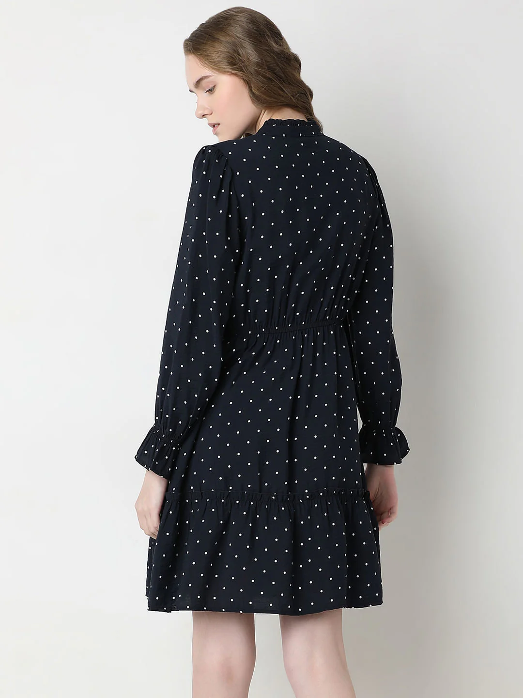 Navy Blue Polka Dot Fit & Flare Dress - Image 4
