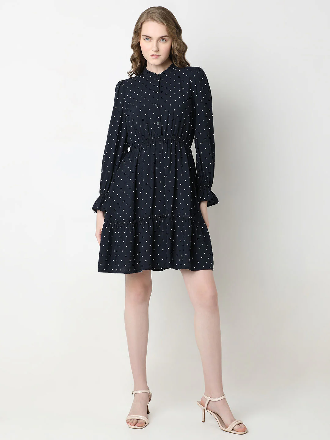 Navy Blue Polka Dot Fit & Flare Dress - Image 5