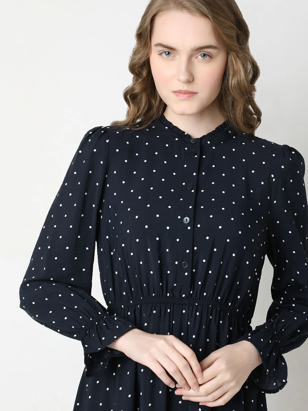 Navy Blue Polka Dot Fit & Flare Dress - Image 6