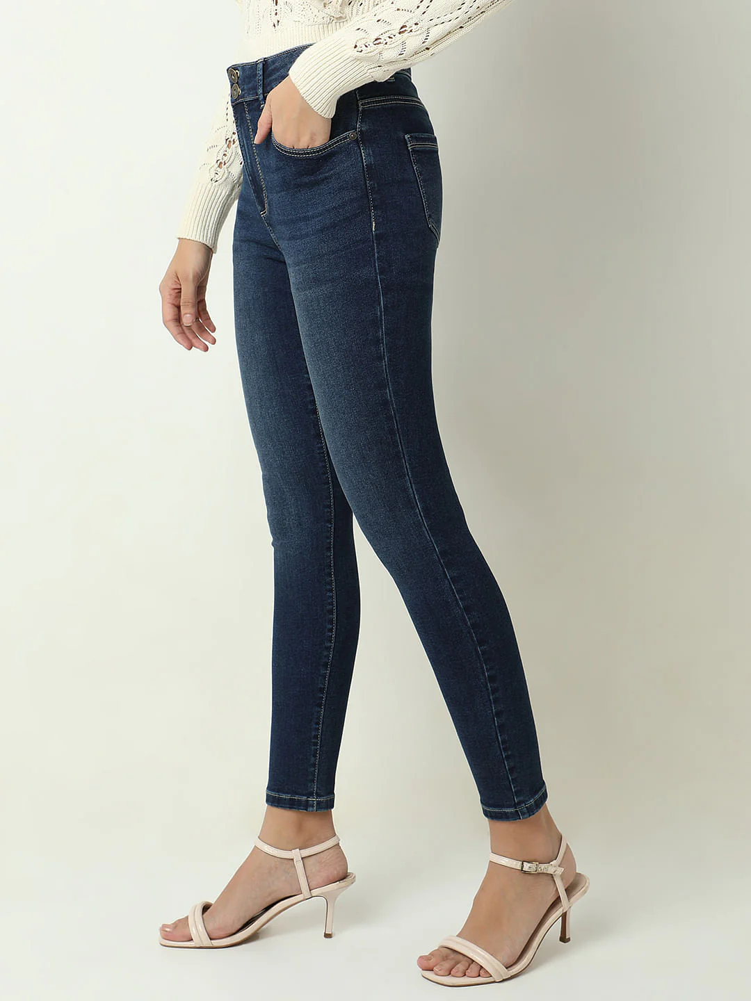 Blue High Rise Double Button Slim Jeans - Image 3