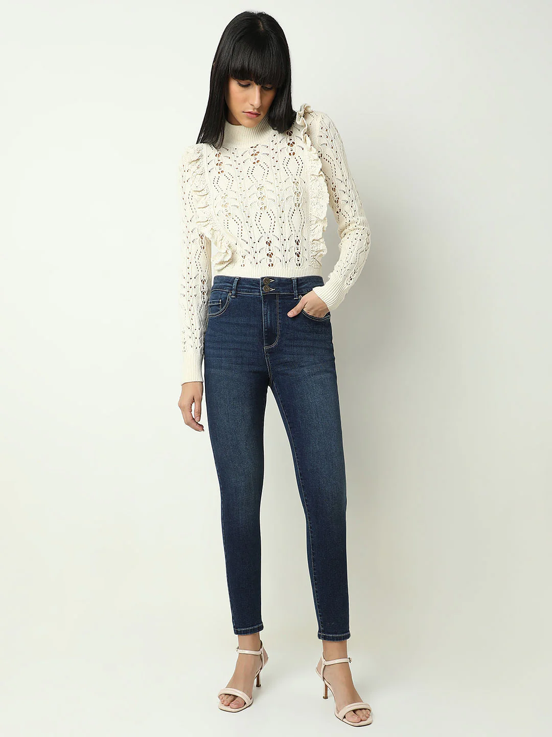 Blue High Rise Double Button Slim Jeans - Image 5