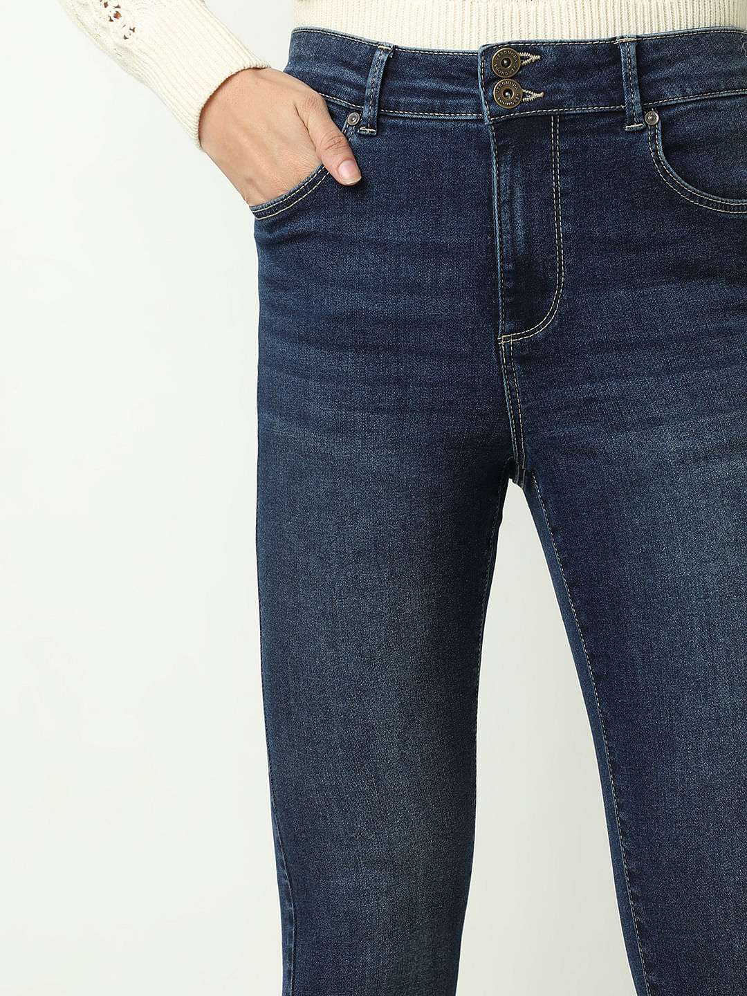 Blue High Rise Double Button Slim Jeans - Image 6