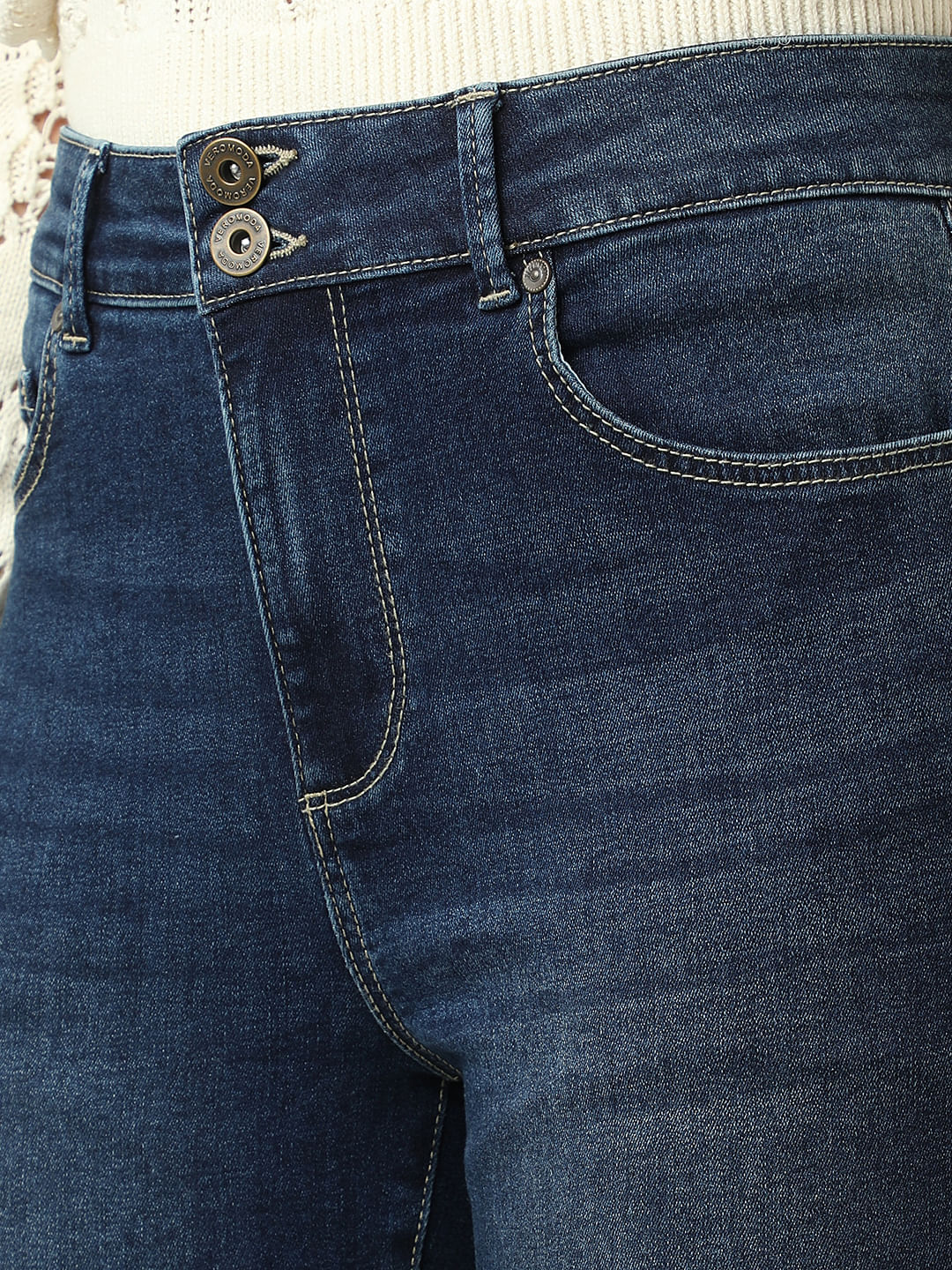Blue High Rise Double Button Slim Jeans - Image 8
