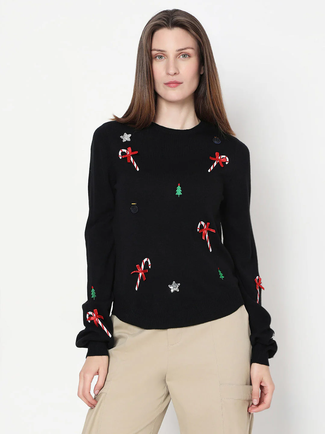 Black Christmas Print O-Neck Pullover - Image 2