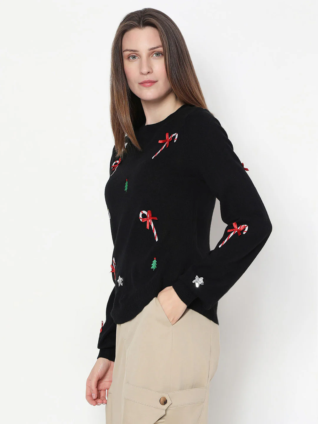 Black Christmas Print O-Neck Pullover - Image 3