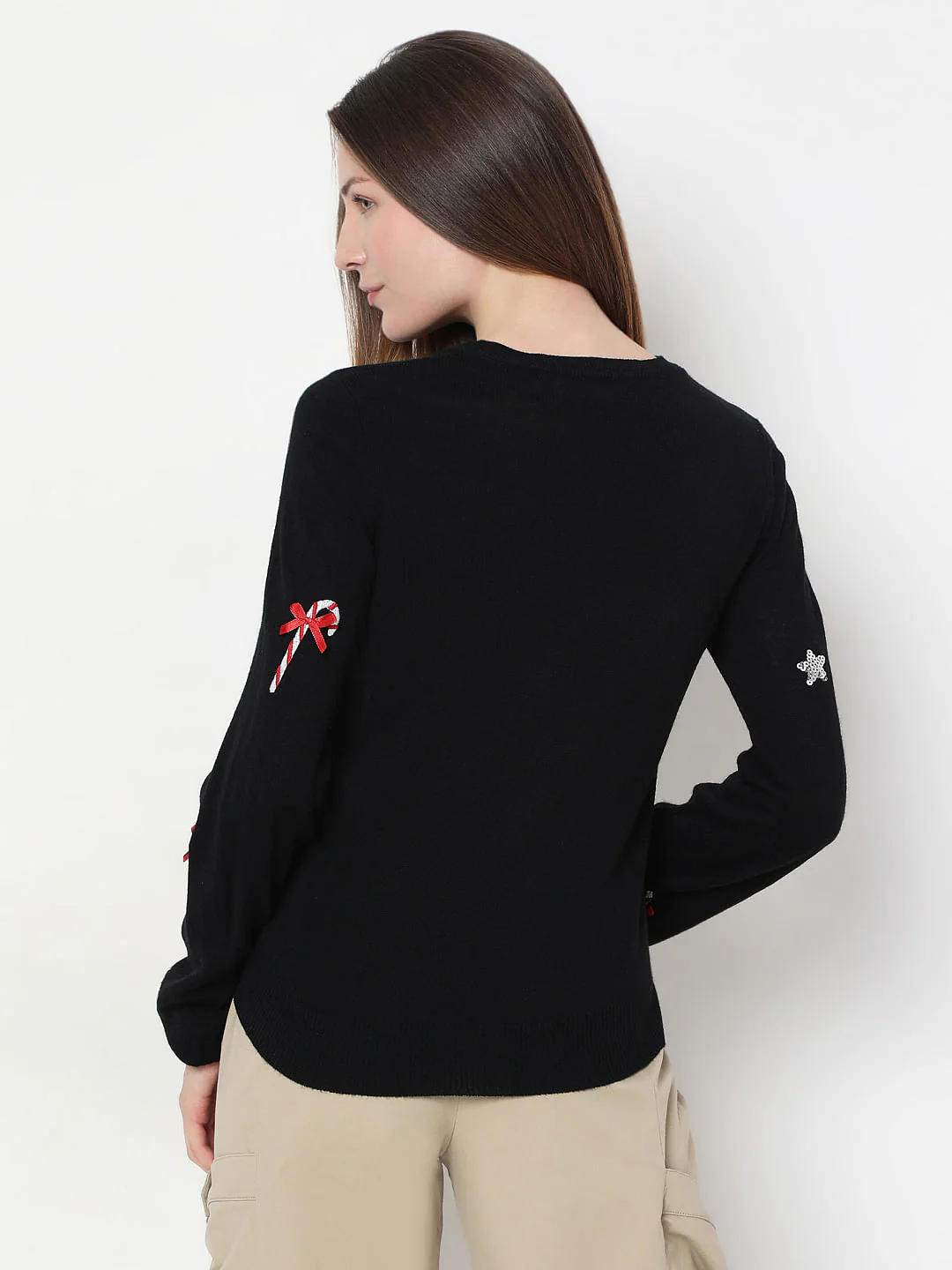 Black Christmas Print O-Neck Pullover - Image 4