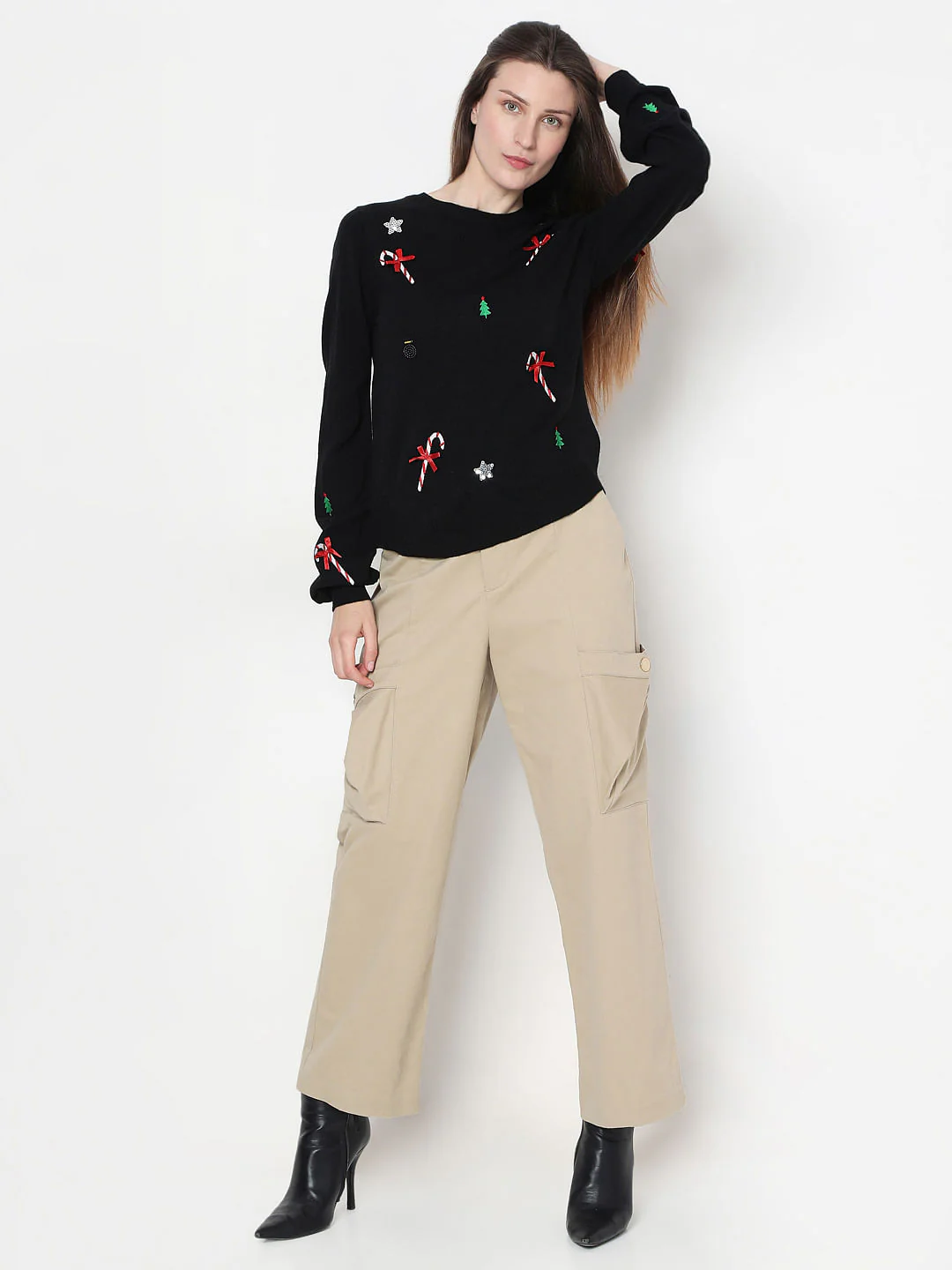 Black Christmas Print O-Neck Pullover - Image 5