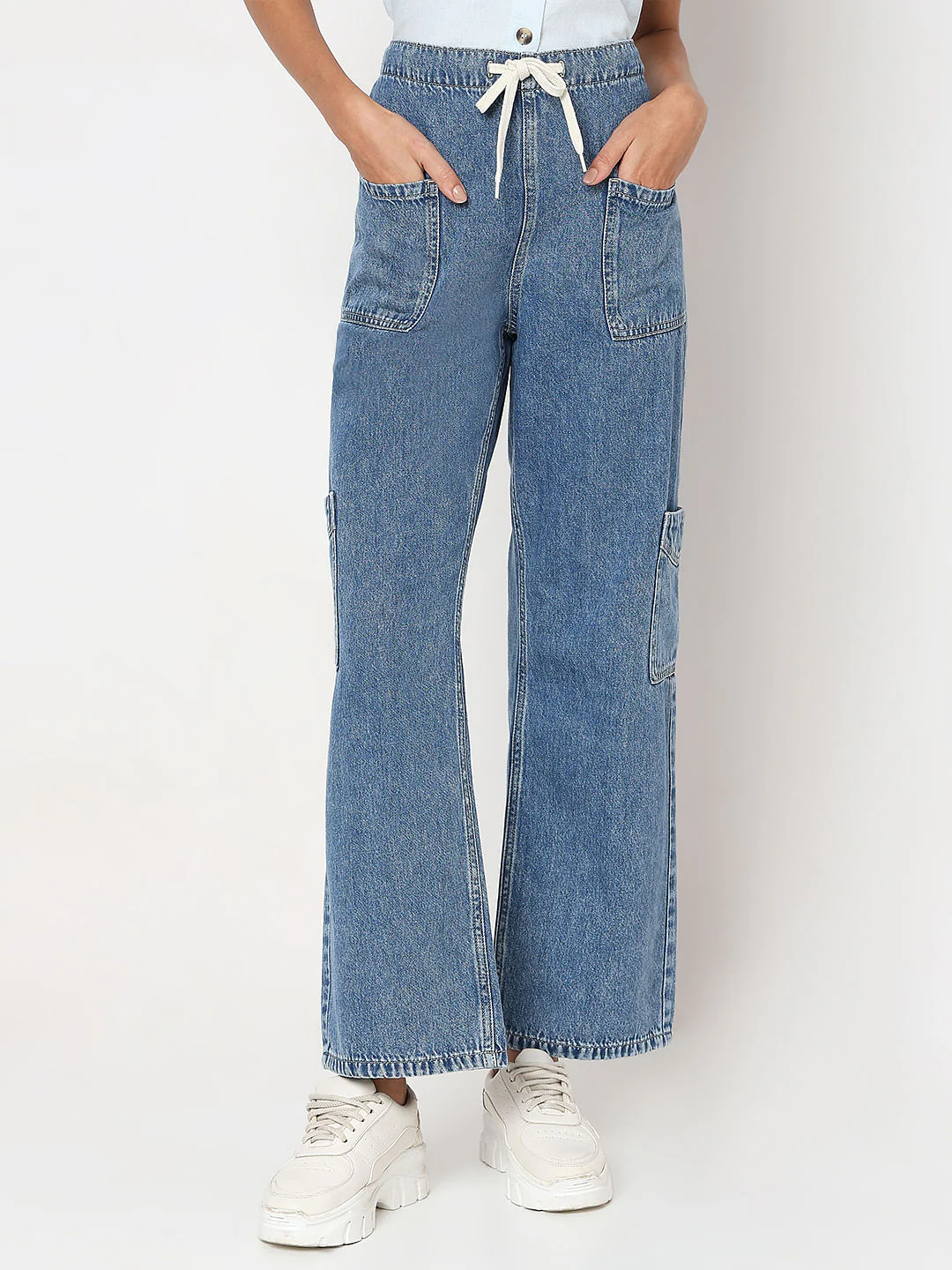 Shoelace Drawstring Wide Cargo Jeans - Image 2