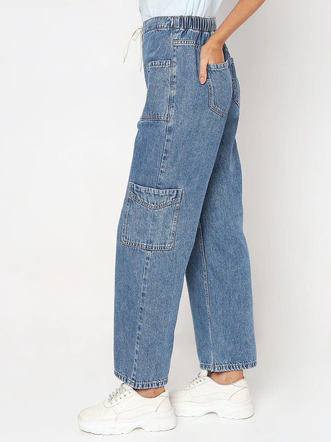 Shoelace Drawstring Wide Cargo Jeans - Image 3
