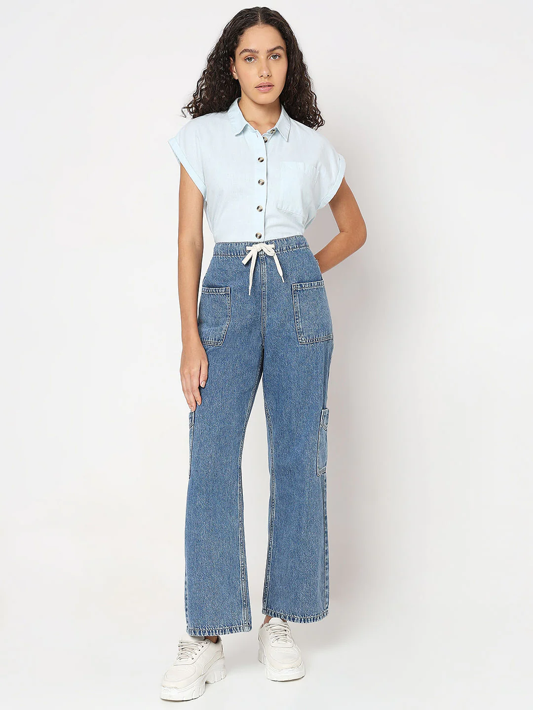 Shoelace Drawstring Wide Cargo Jeans - Image 5