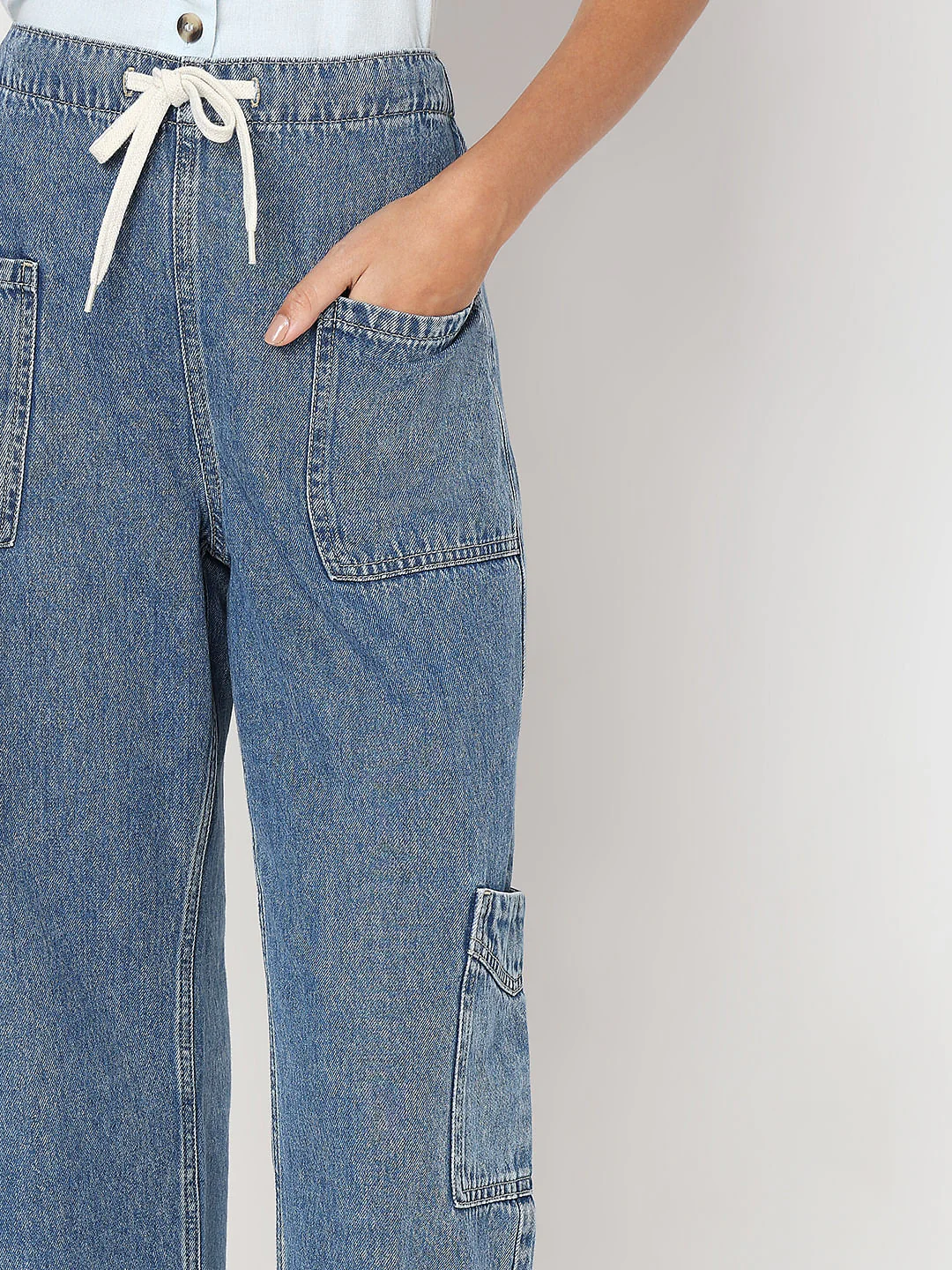 Shoelace Drawstring Wide Cargo Jeans - Image 6
