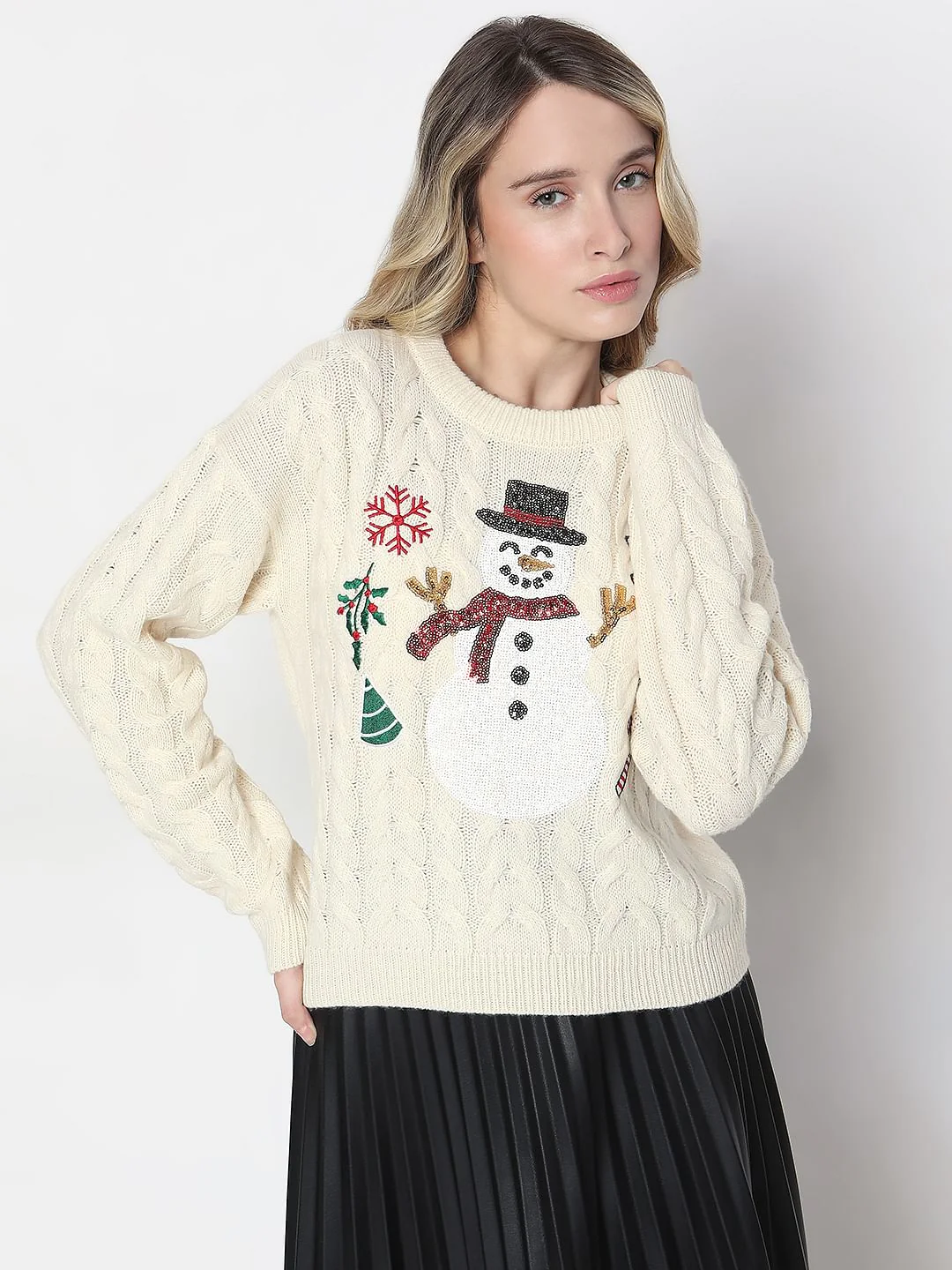 Beige Snowman Cable Knit Pullover - Image 2
