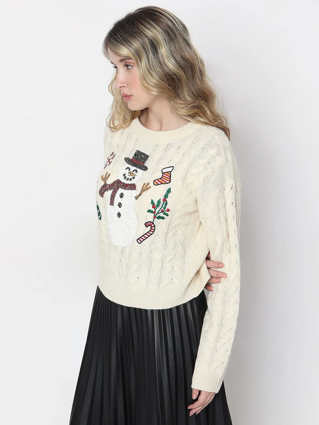 Beige Snowman Cable Knit Pullover - Image 3