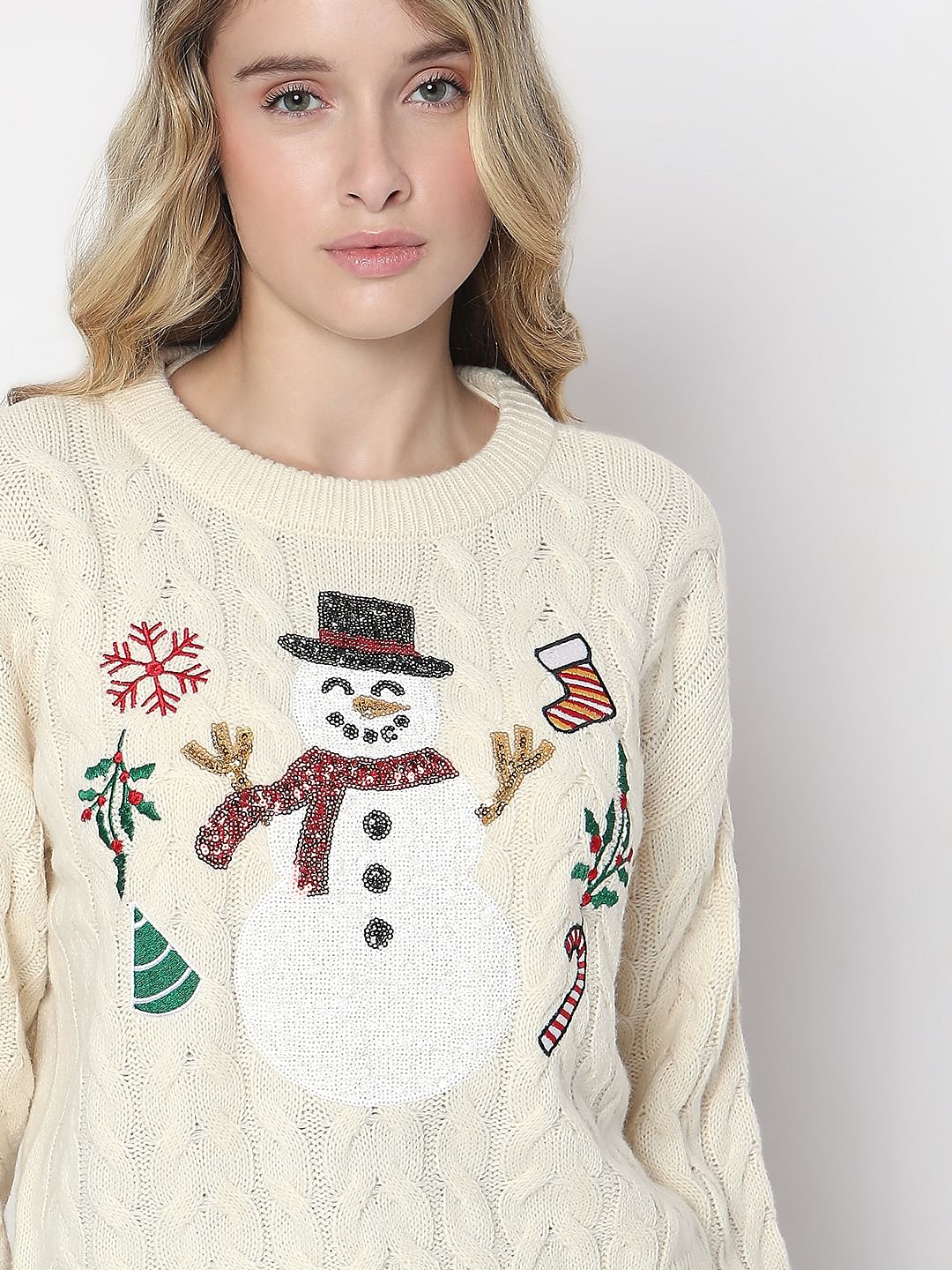 Beige Snowman Cable Knit Pullover - Image 6
