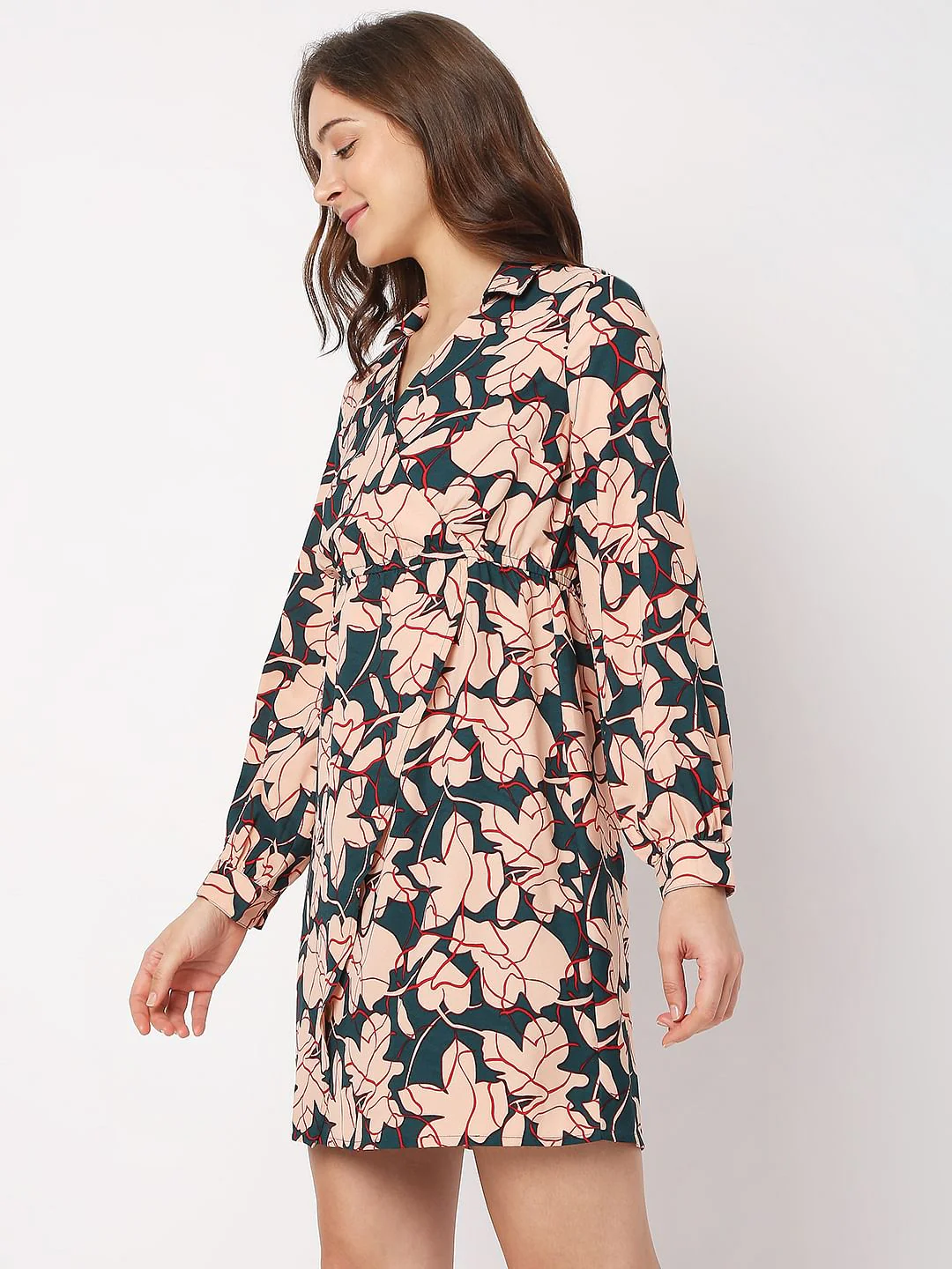 Teal Floral Wrap Mini Dress - Image 2