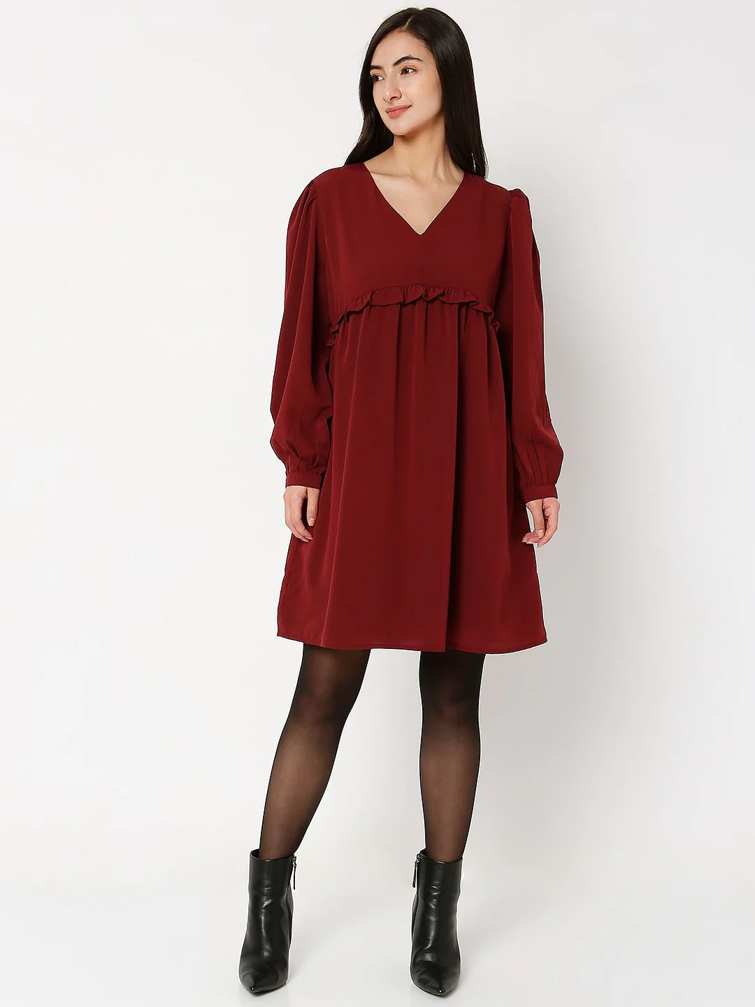 Wine V-Neck Shift Dress - Image 4