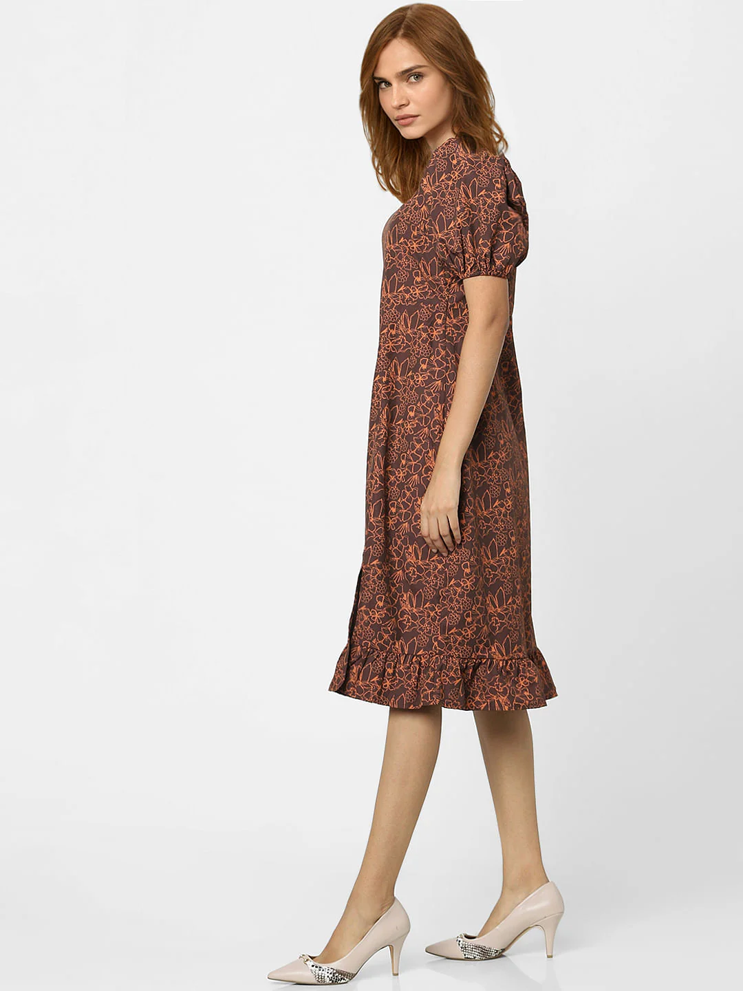Coffee Brown Floral Midi Dress - Image 2