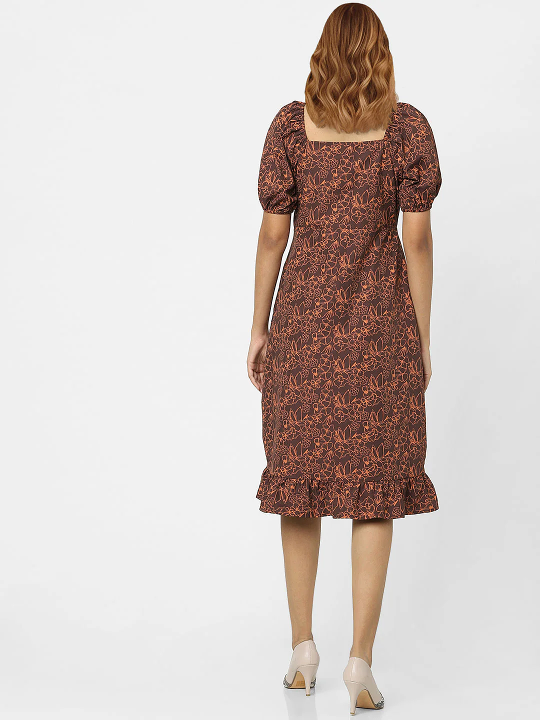 Coffee Brown Floral Midi Dress - Image 3
