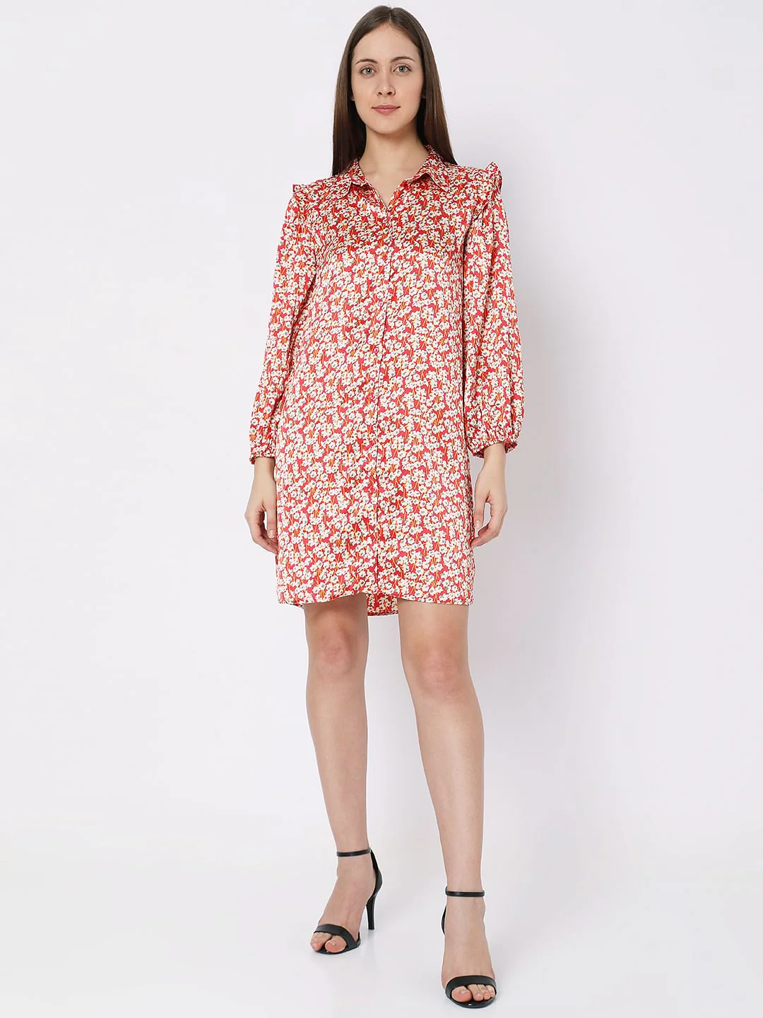 Red Floral Shirt Dress - Image 4