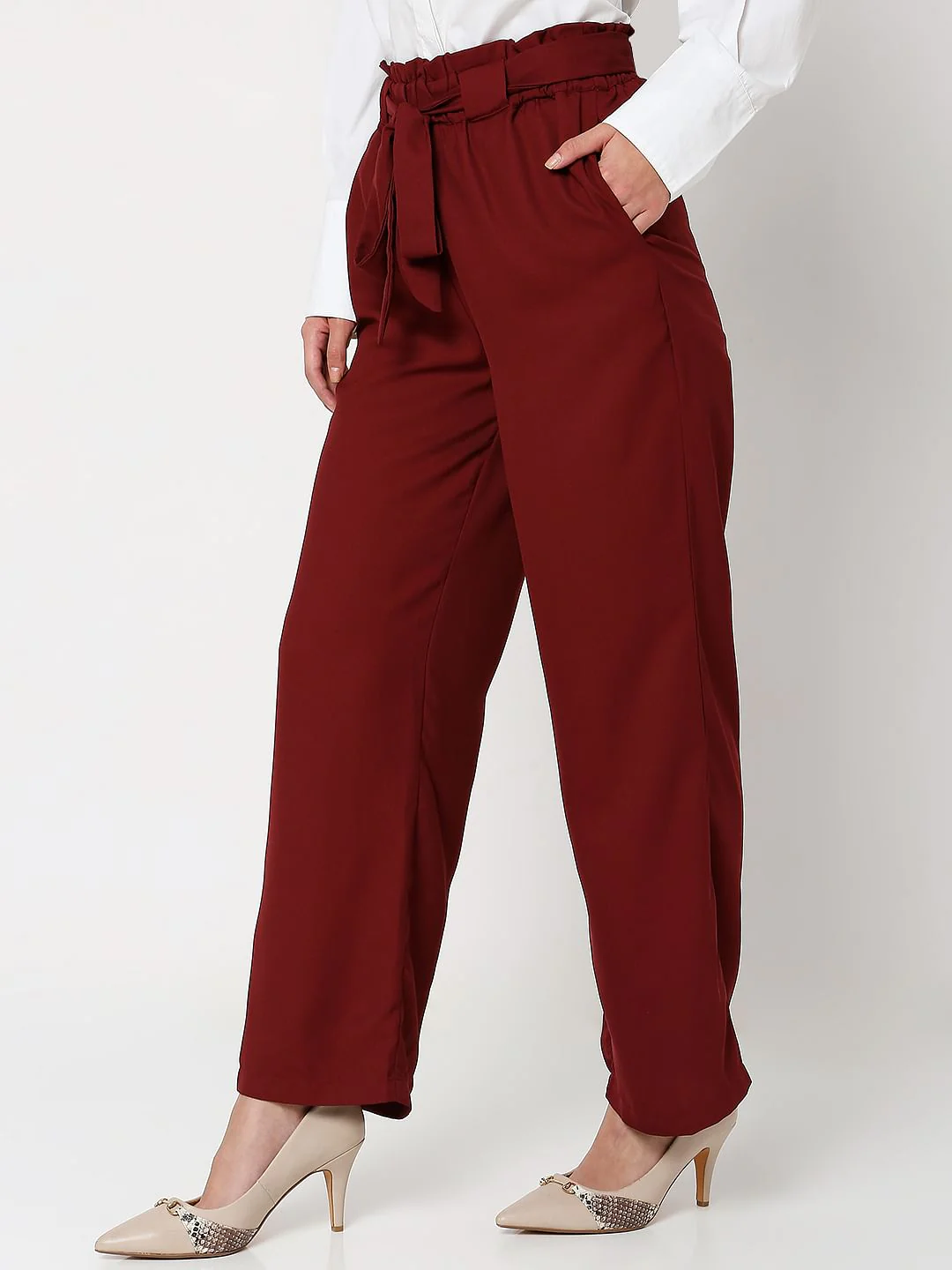 Red High Rise Paperbag Waist Pants - Image 2