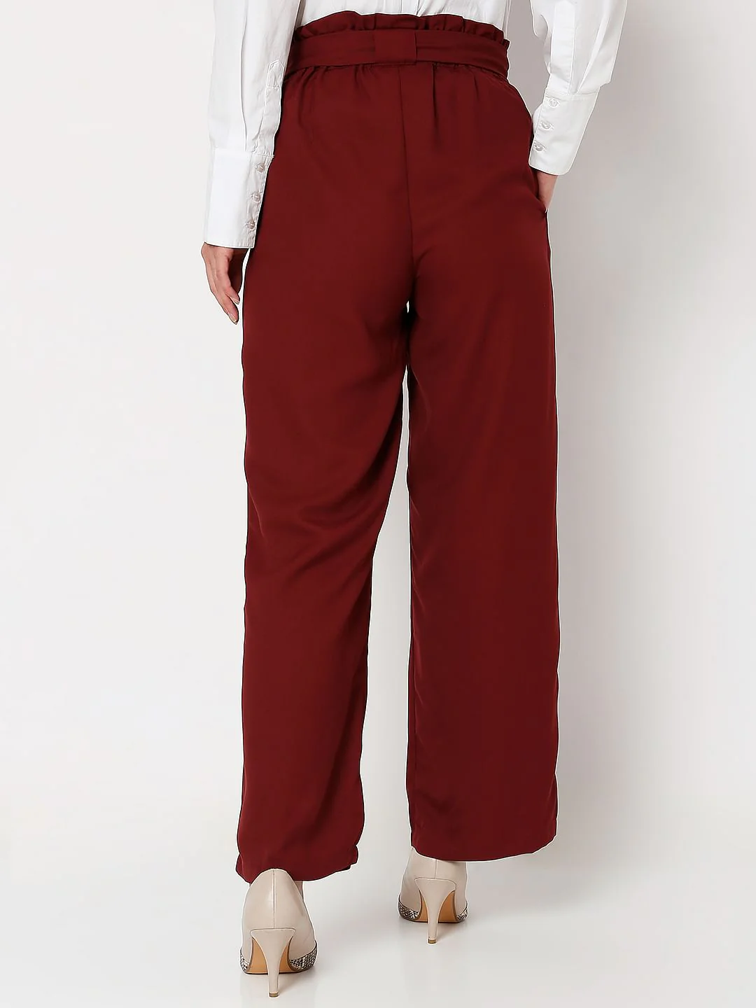 Red High Rise Paperbag Waist Pants - Image 3