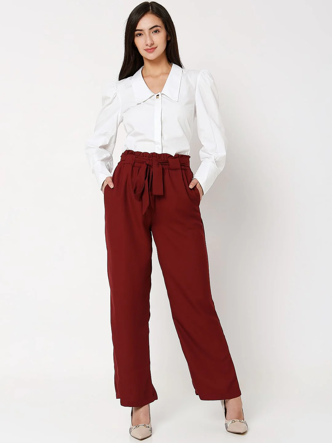 Red High Rise Paperbag Waist Pants - Image 5