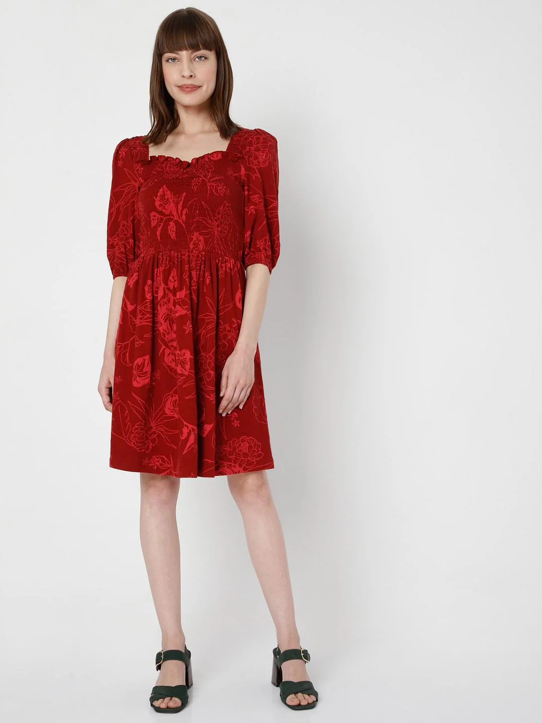 Red Floral Fit & Flare Dress - Image 5