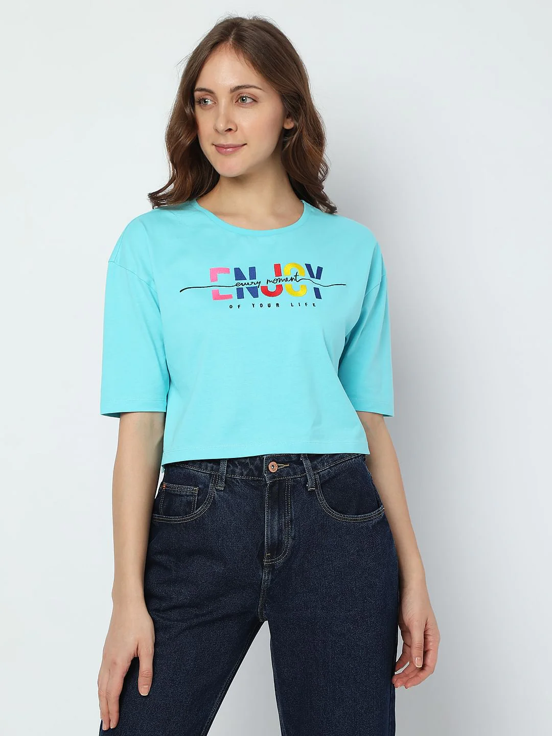 Blue Typographic Print Crop T-Shirt - Image 2