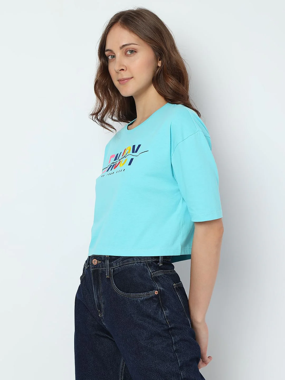 Blue Typographic Print Crop T-Shirt - Image 3