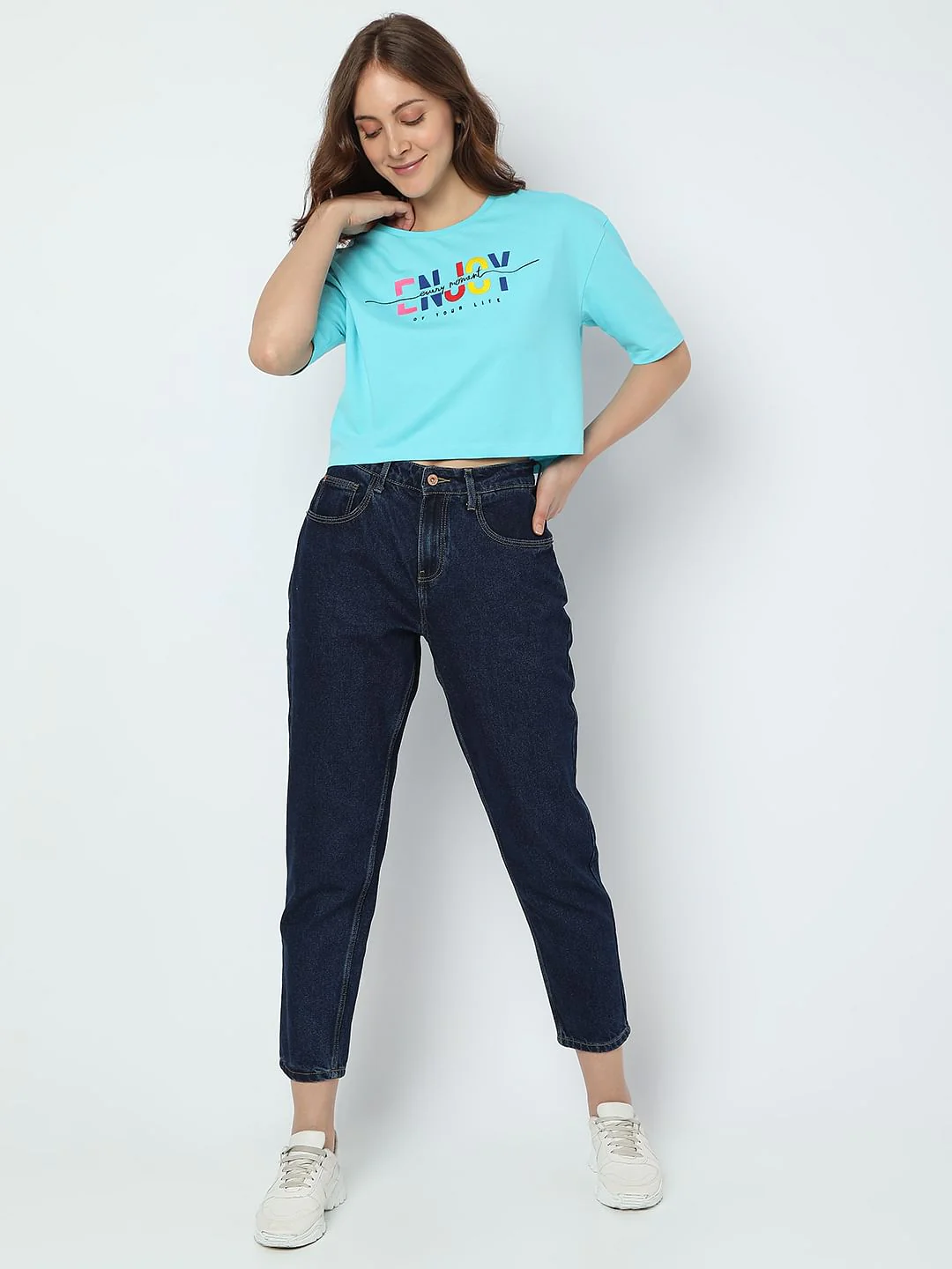 Blue Typographic Print Crop T-Shirt - Image 5