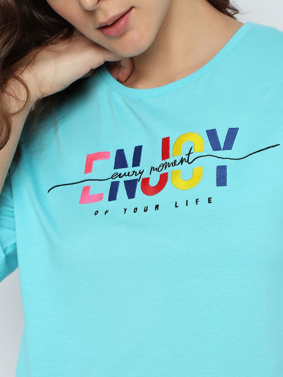 Blue Typographic Print Crop T-Shirt - Image 6