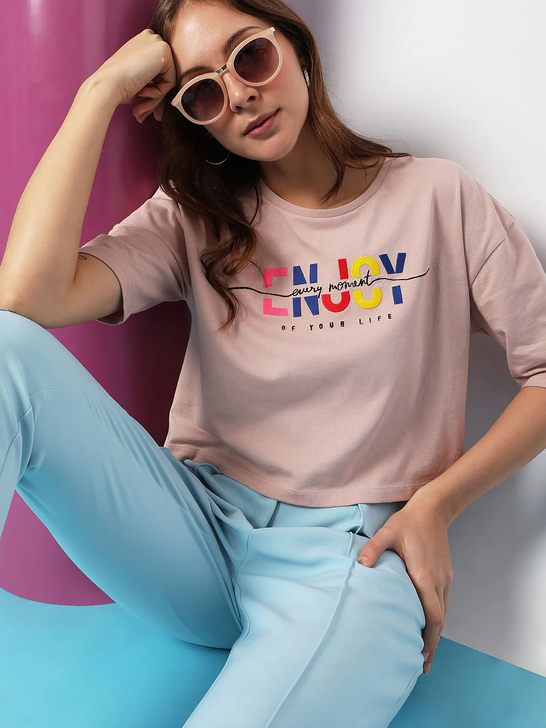 Pink Text Print Crop T-Shirt