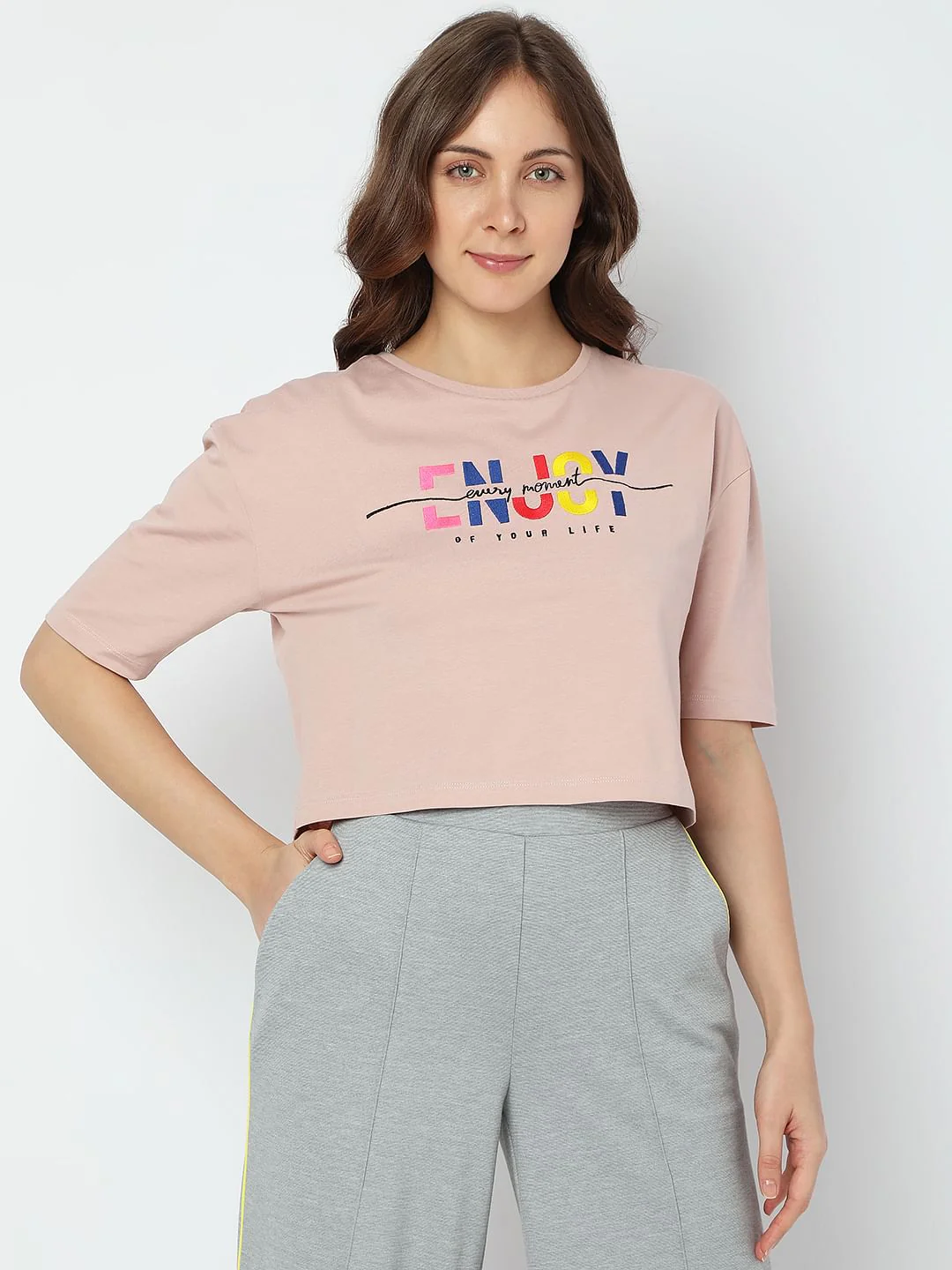 Pink Text Print Crop T-Shirt - Image 2