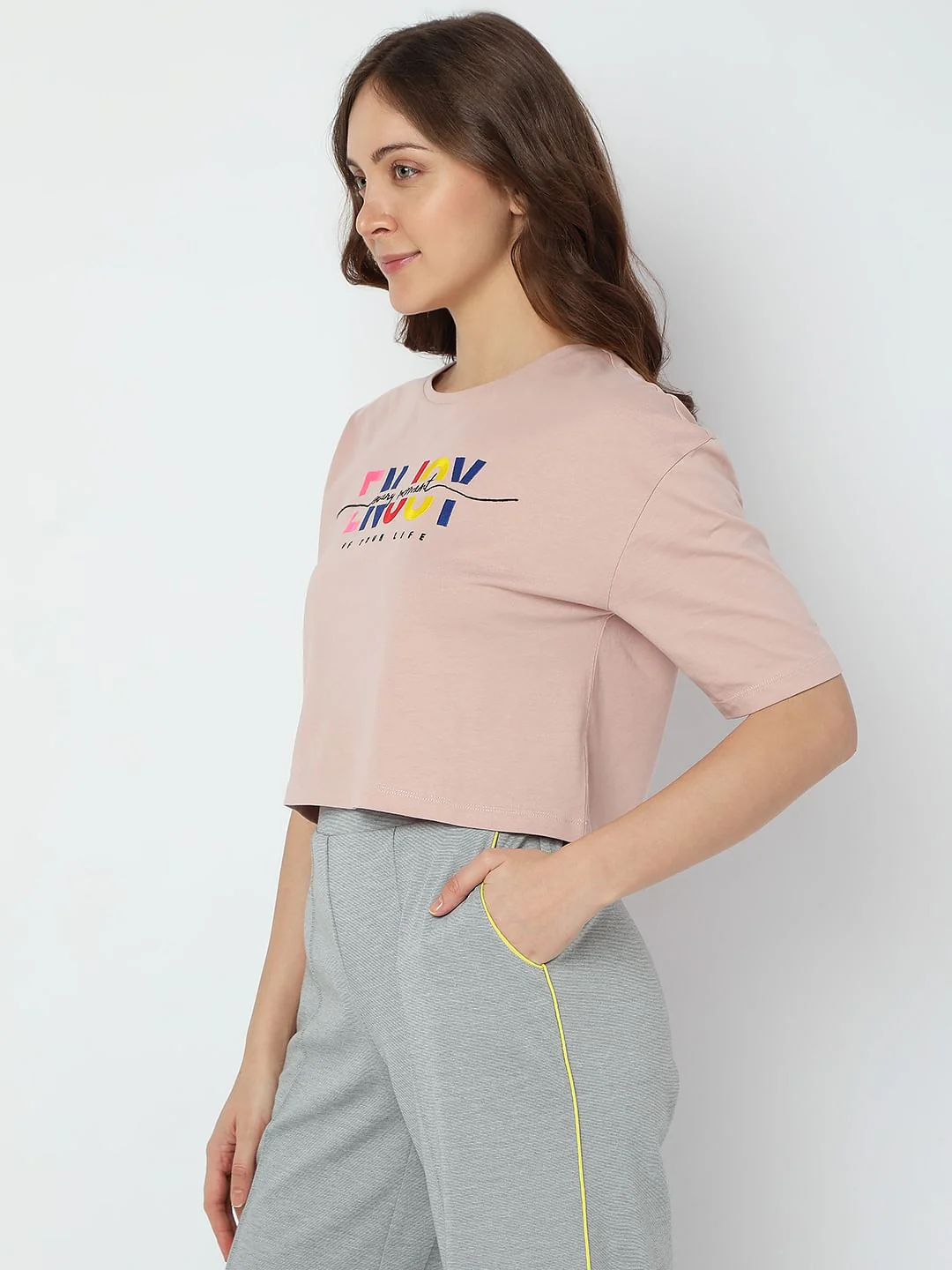 Pink Text Print Crop T-Shirt - Image 3