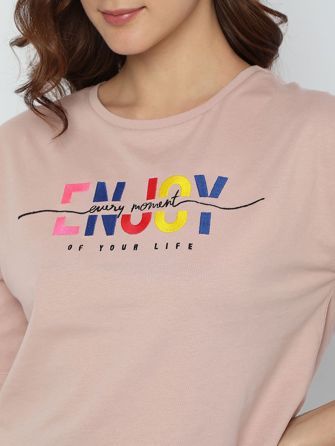 Pink Text Print Crop T-Shirt - Image 6