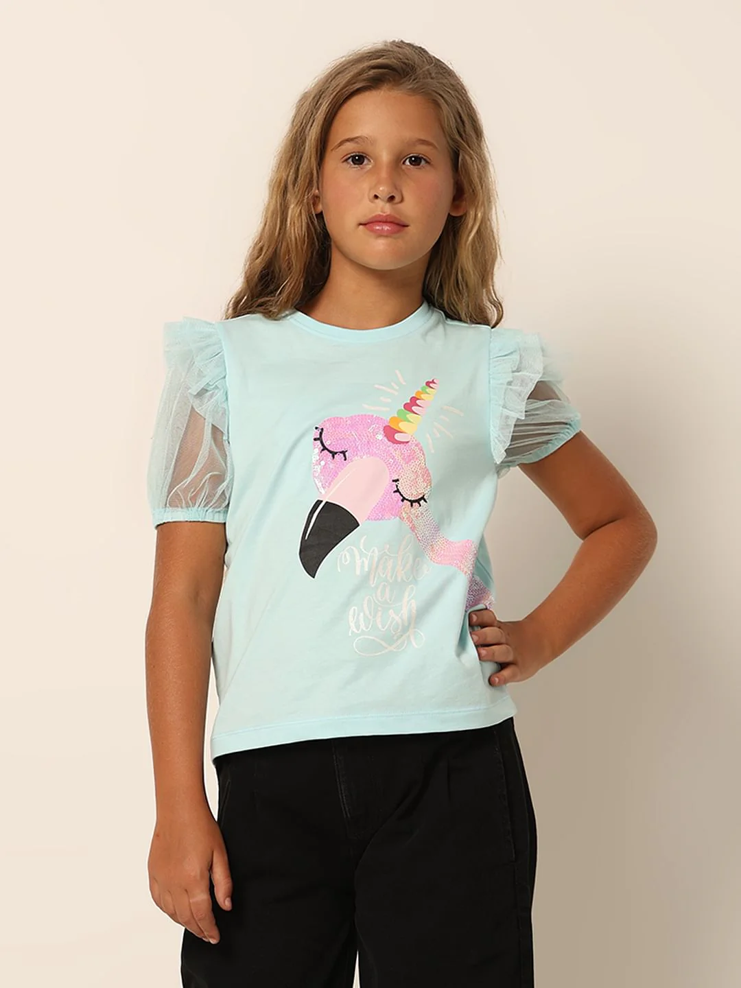 Girls Blue Sequin Graphic T-Shirt - Image 2