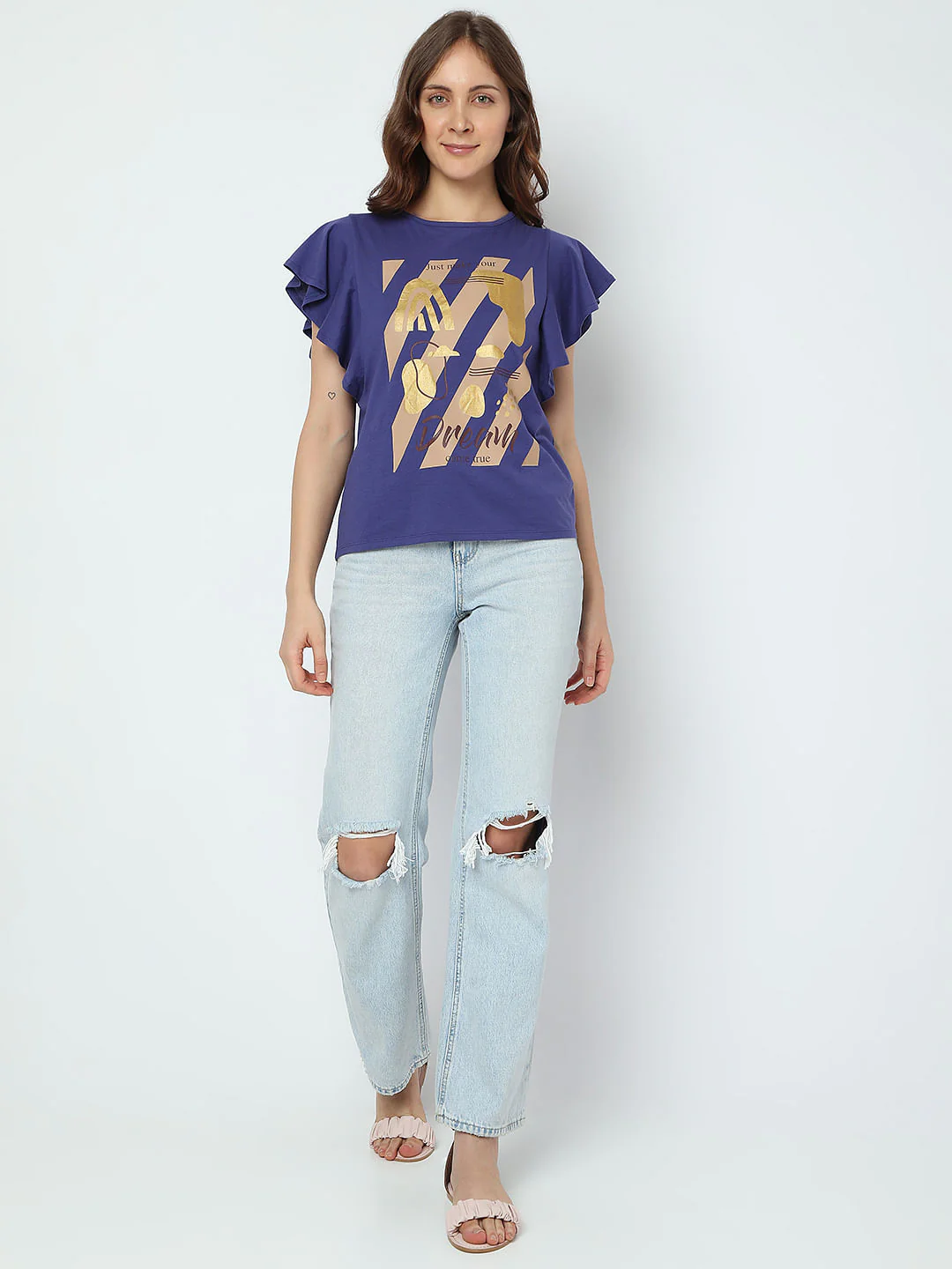 Navy Blue Foil Print T-Shirt - Image 5