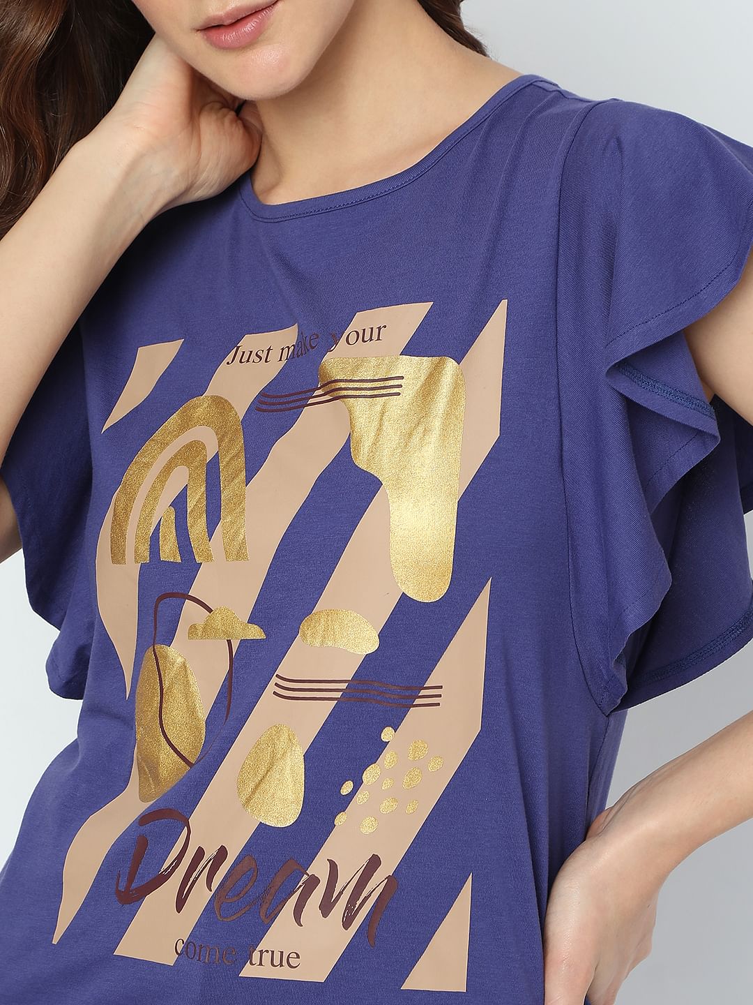 Navy Blue Foil Print T-Shirt - Image 6
