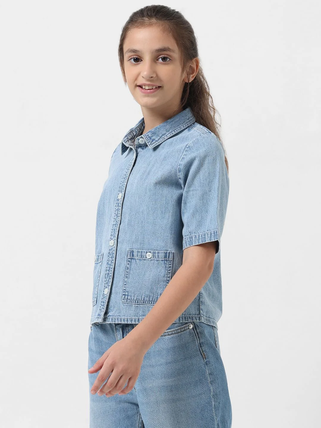 Girl Light Blue Short Sleeves Denim Shirt - Image 2