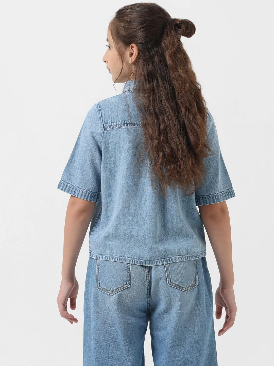 Girl Light Blue Short Sleeves Denim Shirt - Image 3