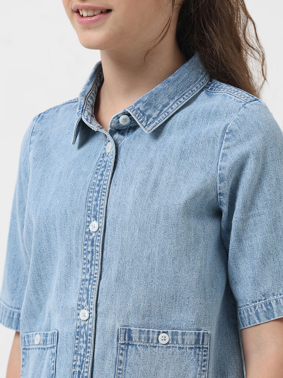 Girl Light Blue Short Sleeves Denim Shirt - Image 4