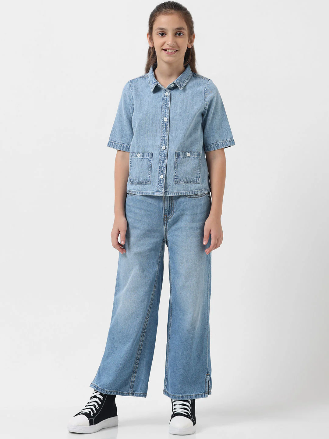 Girl Light Blue Short Sleeves Denim Shirt - Image 5