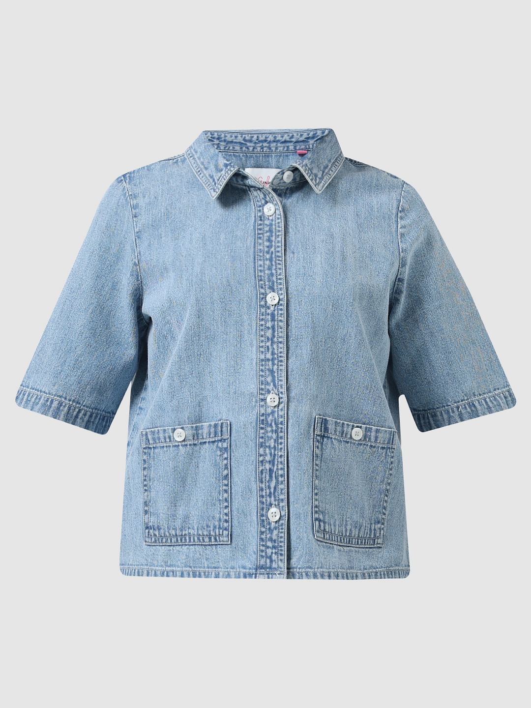 Girl Light Blue Short Sleeves Denim Shirt - Image 6